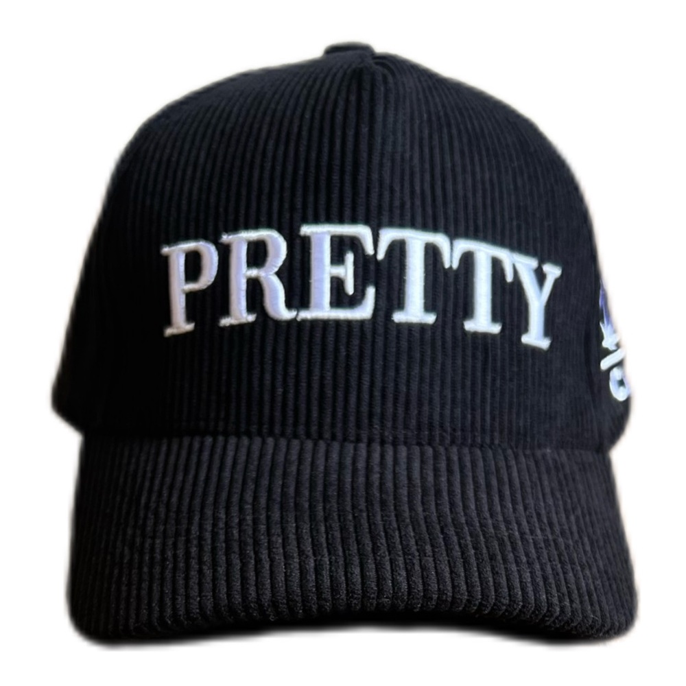 Black Corduroy Cap with 'PRETTY' Embroidery